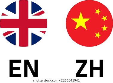 Round Flag Selection Button Badge Icon Set with UK United Kingdom and China Flags with Language Codes EN and ZH for English and Chinese. Vector Image.