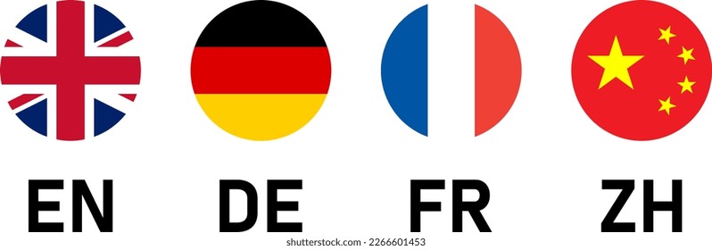 Round Flag Selection Button Badge Icon Set including UK, Germany France and China Flags with Language Codes for English German French and Chinese. Vector Image.