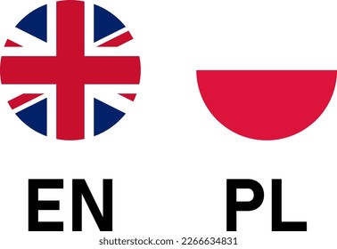 Round Flag Selection Button Badge Icon Set with UK United Kingdom and Poland Flags with Language Codes EN and PL for English and Polish. Vector Image.