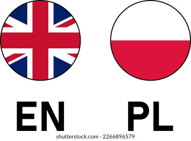 Round Flag Selection Button Badge Icon Set with UK United Kingdom and Poland Flags with Language Codes EN and PL for English and Polish. Vector Image.