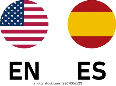 Juego de iconos de los botones de selección de la bandera redonda con las banderas de los Estados Unidos de América y España con códigos de idiomas EN y ES para inglés y español. Imagen vectorial.