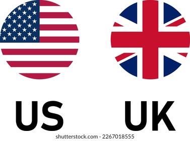 Round Flag Selection Button Badge Icon Set with USA United States of America and UK United Kingdom or Great Britain Flags for American English and British English. Vector Image.