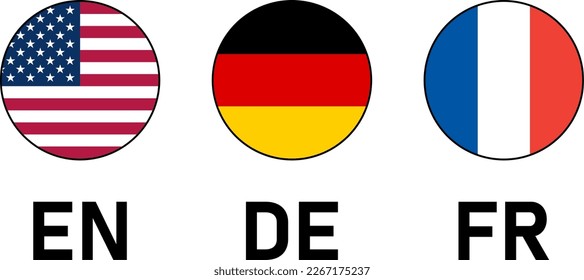 Round Flag Selection Button Badge Icon Set with a Thin Contour or Outline including USA, Germany and France Flags with Language Codes for English EN, German DE and French FR. Vector Image.