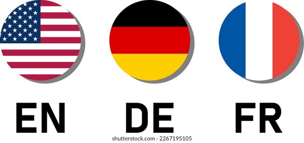 Round Flag Selection Button Badge Icon Set including USA United States of America, Germany and France Flags with Language Codes for English EN, German DE and French FR. Vector Image.