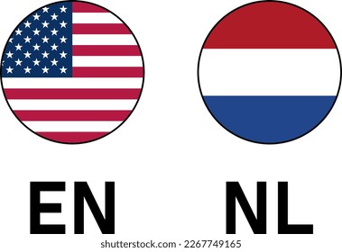 Round Flag Selection Button Badge Icon Set with USA United States of America and Netherlands Flags with Language Codes EN and NL for English and Dutch. Vector Image.