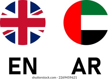 Round Flag Selection Button Badge Icon Set with UK and UAE United Arab Emirates Flags with Language Codes EN and AR for English and Arabic. Vector Image.