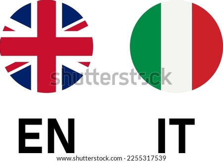 Round Flag Selection Button Badge Icon Set with UK and Italian Flags with Language Codes EN and IT for English and Italian. Vector Image.