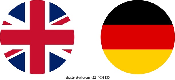 Juego de signos de bandera redonda con bandera del Reino Unido o del Reino Unido y marca de Alemania o conjunto de iconos de botón de selección de idioma inglés y alemán. Imagen vectorial.