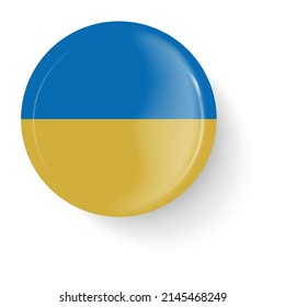 Round flag of Ukraine. Pin button. Pin brooch icon, sticker. 3D vector style. Web button.