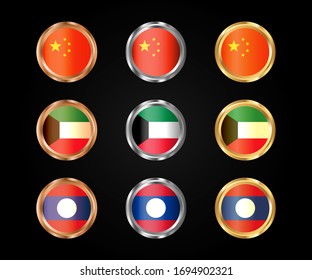 Round flags of China, Kuwait, Laos in gold, silver and bronze gradient.