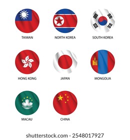 round flags of east asia countries as badges