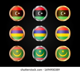 Banderas redondas de Libia, Mauricio y Mauritania en colores dorado, plateado y bronce.