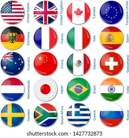 Round flags Popular. Vector illustration. 3 layers. Shadows, flat flag you can use it separately, button. 