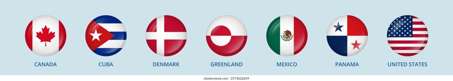 Round flags of the USA, Greenland, Panama, Denmark, Mexico, Panama, Cuba and Canada.