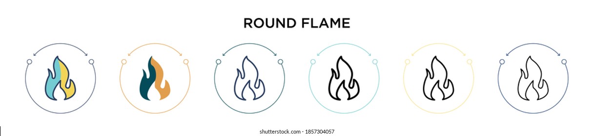Round flame icon in filled, thin line, outline and stroke style. Vector illustration of two colored and black round flame vector icons designs can be used for mobile, ui, web
