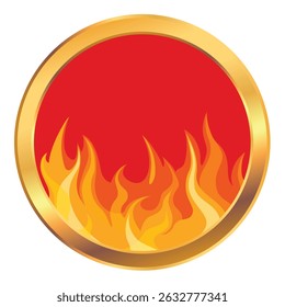 Round flaming sale tag and hot offer sticker with fire frame design. Promotional price label for discounts, special deals, and marketing campaigns. Isolated on white background. Vector illustration.