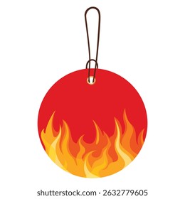 Round flaming sale tag and hot offer sticker. Fire frame advertising template for special promotions, discounts, and shopping deals. Marketing price label with flame design
