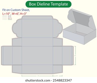 Caja de regalo de solapa redonda L 10, W 6, H 3 pulgadas Dieline Plantilla. Diseño de archivo vectorial editable