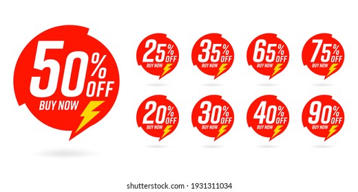 Round flash red sale sticker with different discount set. 50, 25, 35, 65, 75, 20, 30, 40, 90 percent price reduction with buy now promotion text phrase vector illustration isolated on white background