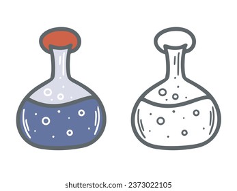 Round flask with witch potion doodle sketch style. Magic potion ink and color isolated vector illustration. Glass vessel clip art