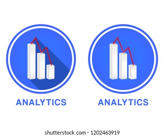 Round Flat Analytics Icon, graph with different columns, positive business graph width red Arrow vector illustration. Two versions of icons