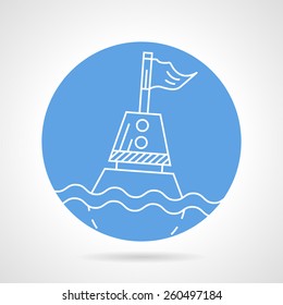 Round flat blue vector icon with white line sea buoy with flag on gray background.
