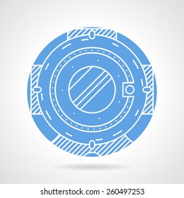 Round flat blue vector icon with white line diver helmet for depth a front view on gray background. 