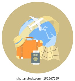 Round flat conceptual illustration of international travel by airplane