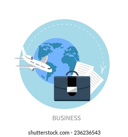 Round flat conceptual illustration of international business travel by airplane isolated on white background
