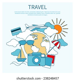 Round flat conceptual illustration of international business travel by airplane. Tourist icons around the planet