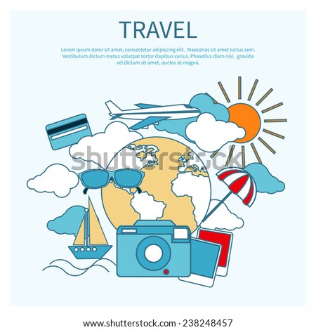 Round flat conceptual illustration of international business travel by airplane. Tourist icons around the planet
