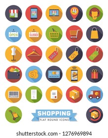 Round flat design shopping and retail vector icons set