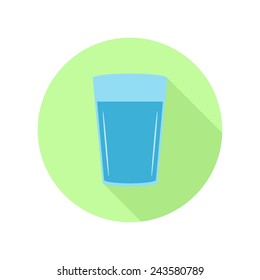 Round flat icon of glass of fresh water. Drinks and beverages