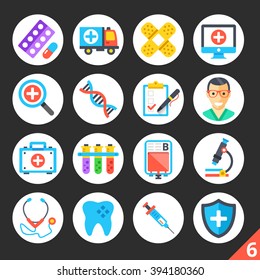 Round flat icons for web sites, mobile apps, web banners, infographics. Premium quality design illustrations. Medicine, healthcare, treatment, science concepts. Modern flat vector icons set 6