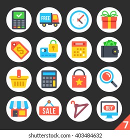 Round flat icons for web sites, mobile apps, web banners, infographics. High quality design illustrations. Shopping, consumption, ecommerce, retail trade concepts. Modern vector icons set 7