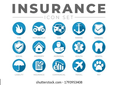 Round Flat Insurance Icon Set With Car, Property, Fire, Life, Pet, Travel, Dental, Health, Marine, Liability Insurance Icons