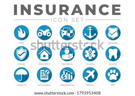 Round Flat Insurance Icon Set with Car, Property, Fire, Life, Pet, Travel, Dental, Health, Marine, Liability Insurance Icons