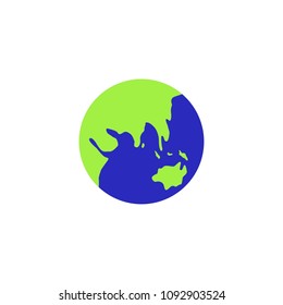 Round flat map, vector illustration, continent Eurasia, asia, australia, blue, green, ocean, silhouette of continents