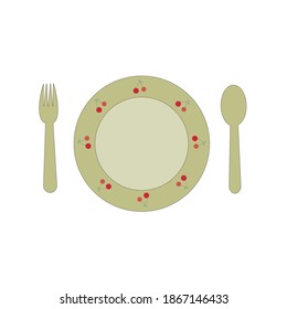 Round flat plate with a pattern with a spoon and fork on a white background. Insulated dishes. Vector illustration.