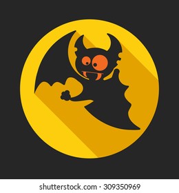 Round flat vector icon with black silhouette of vampire bat for Halloween.