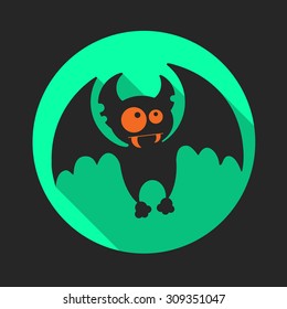 Round flat vector icon with black silhouette of vampire bat for Halloween.
