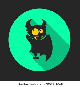 Round flat vector icon with black silhouette of vampire bat for Halloween.