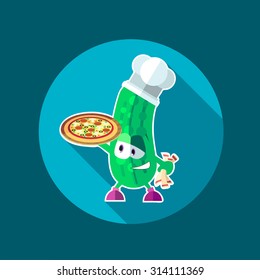 Round flat vector icon with chef cucumber and kitchenware