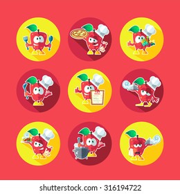 Round flat vector icon with chief apple and kitchenware