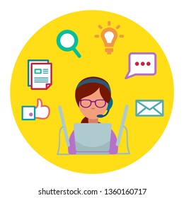 round flat vector icon GIRLS MANAGER SELLER COMPUTER PROGRAMMER CRM wearing glasses with bluetooth typing on computer behind the monitor in headphones, chat, correspondence, writing, like, notebook 