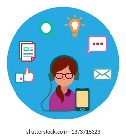 round flat vector icon GIRLS MANAGER SELLER COMPUTER PROGRAMMER CRM wearing glasses with bluetooth typing on computer behind the monitor in headphones, chat, correspondence, writing, like, notebook 