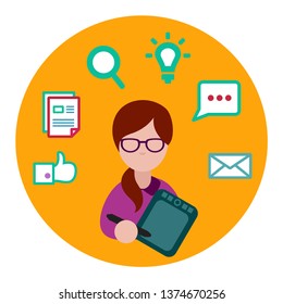 round flat vector icon GIRLS MANAGER SELLER COMPUTER PROGRAMMER CRM wearing glasses with bluetooth typing on computer behind the monitor in headphones, chat, correspondence, writing, like, notebook 