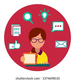 round flat vector icon GIRLS MANAGER SELLER COMPUTER PROGRAMMER CRM wearing glasses with bluetooth typing on computer behind the monitor in headphones, chat, correspondence, writing, like, notebook 