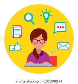 round flat vector icon GIRLS MANAGER SELLER COMPUTER PROGRAMMER CRM wearing glasses with bluetooth typing on computer behind the monitor in headphones, chat, correspondence, writing, like, notebook 