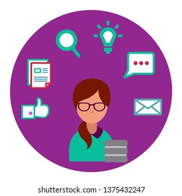 round flat vector icon GIRLS MANAGER SELLER COMPUTER PROGRAMMER CRM wearing glasses with bluetooth typing on computer behind the monitor in headphones, chat, correspondence, writing, like, notebook 